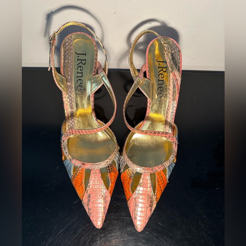 J.Renee Women’s 4 Inch Heeled  Sandals  Pink, Orange and Blue Leather Size 10M.